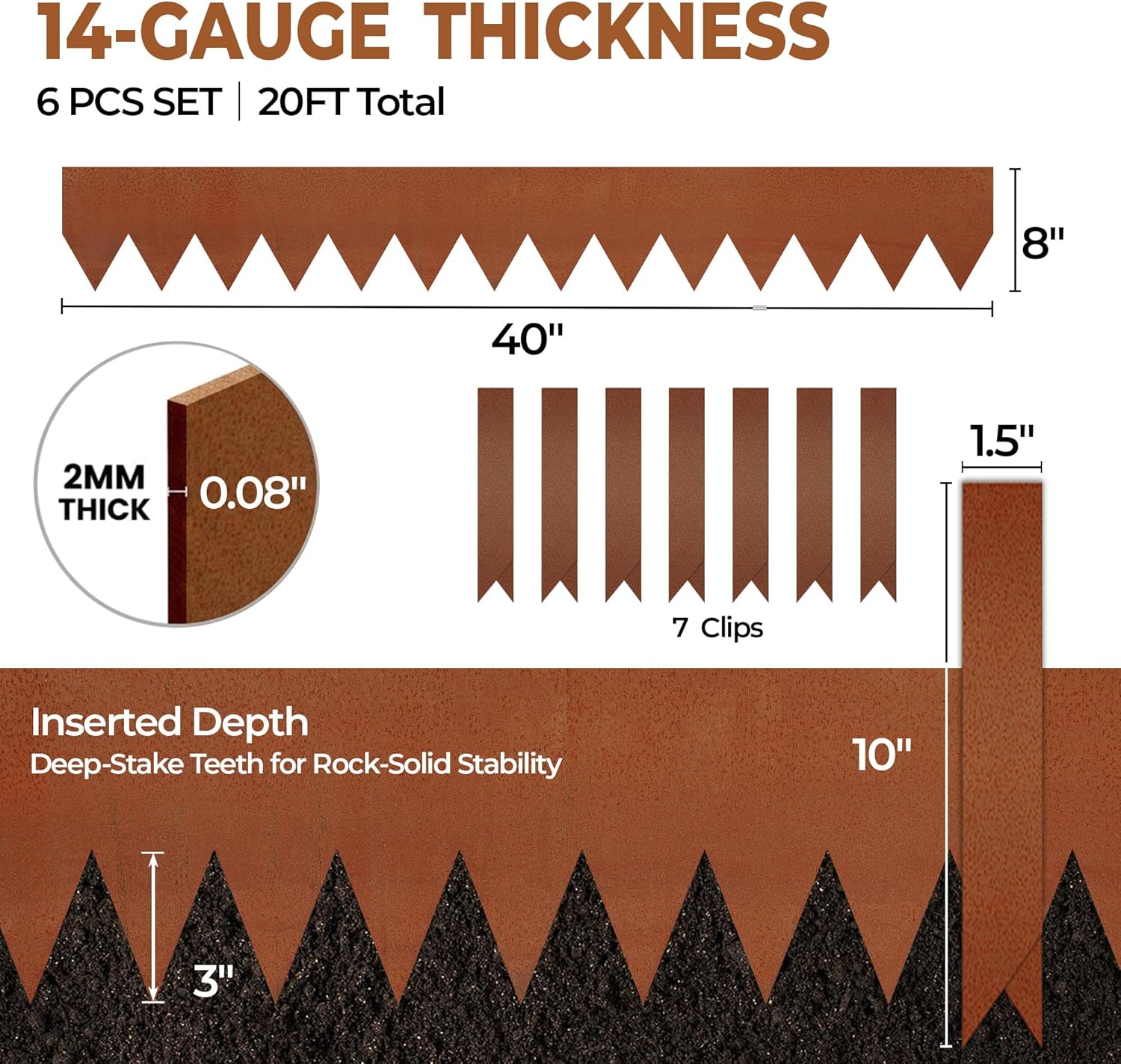 Worth Garden 6 Pack Cor-Ten Steel Landscape Edging w/Rust Patina Finish - 40" L x 8" H Strips - Hammer-in 14-Gauge Metal Corten Edging Border w/ 7 Clips & Gloves - Edge for Lawn Yard (20Ft Total) Without Edge Trim 8" Height